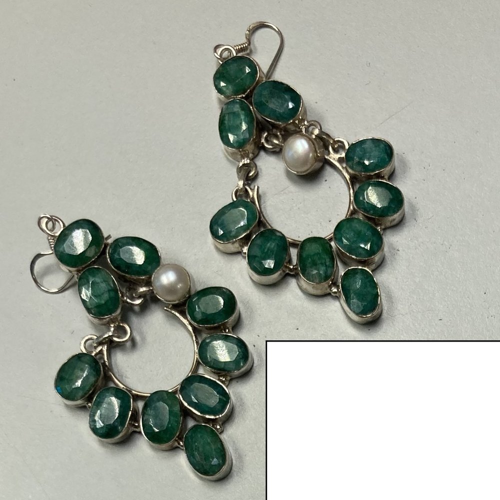 Raw Emerald Stone with Pearls Hanging Earrings